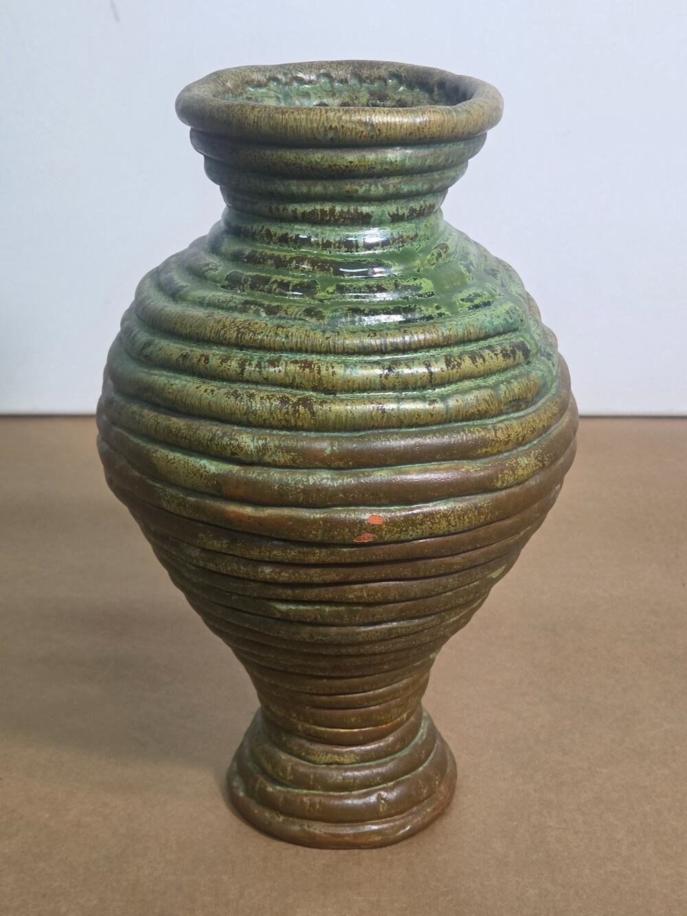 Vintage JDH Brutalist Hand-Coiled Studio Art Pottery Vase – Green & Bronze Drip